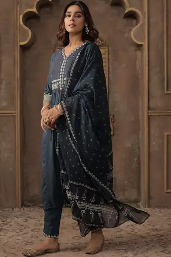 Women Ethnic Motifs Embroidered Cotton A-Line Kurta with Trousers & Dupatta