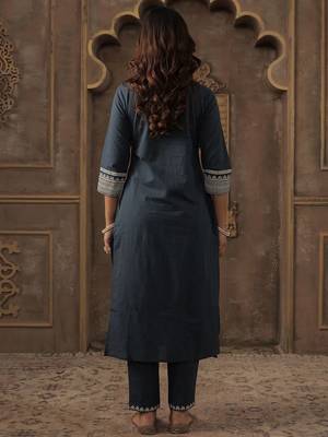 Women Ethnic Motifs Embroidered Cotton A-Line Kurta with Trousers & Dupatta 6