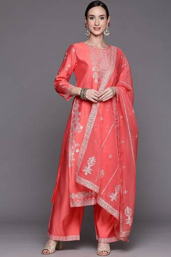 Women Pink Ethnic Motifs Printed Liva Kurta with Palazzos & With Dupatta