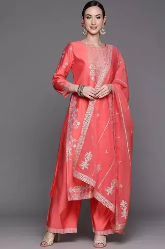 Women Pink Ethnic Motifs Printed Liva Kurta with Palazzos & With Dupatta