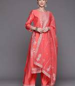 Women Pink Ethnic Motifs Printed Liva Kurta with Palazzos & With Dupatta