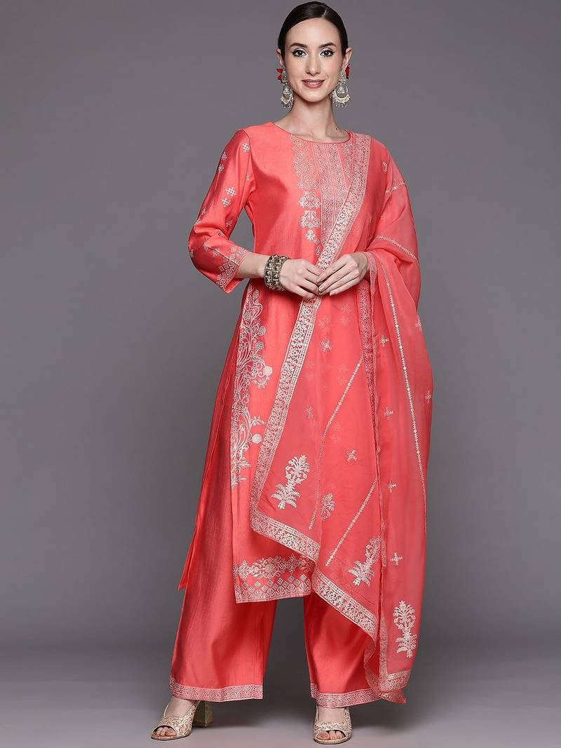 Women Pink Ethnic Motifs Printed Liva Kurta with Palazzos & With Dupatta