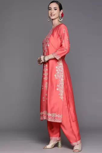 Women Pink Ethnic Motifs Printed Liva Kurta with Palazzos & With Dupatta