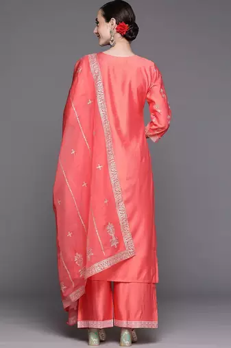 Women Pink Ethnic Motifs Printed Liva Kurta with Palazzos & With Dupatta