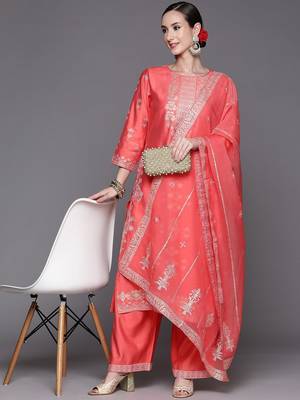 Women Pink Ethnic Motifs Printed Liva Kurta with Palazzos & With Dupatta 7