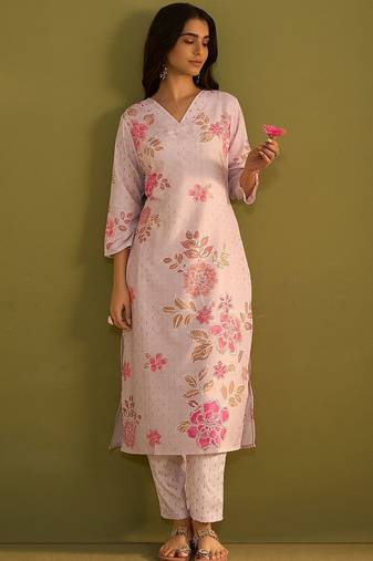 Floral Printed V-Neck Straight Kurta With Trousers