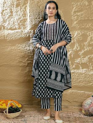 Women Ethnic Motifs Printed Thread Work Pure Cotton Kurta with Trousers & Dupatta 1