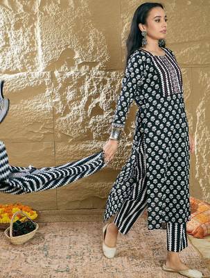 Women Ethnic Motifs Printed Thread Work Pure Cotton Kurta with Trousers & Dupatta 5