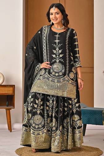Black sequin And Embroidery Work Silk Blend Salwar Suit