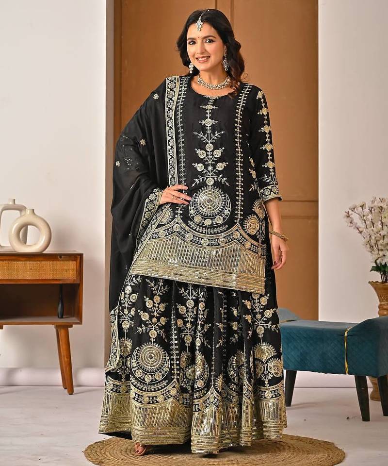 Black sequin And Embroidery Work Silk Blend Salwar Suit