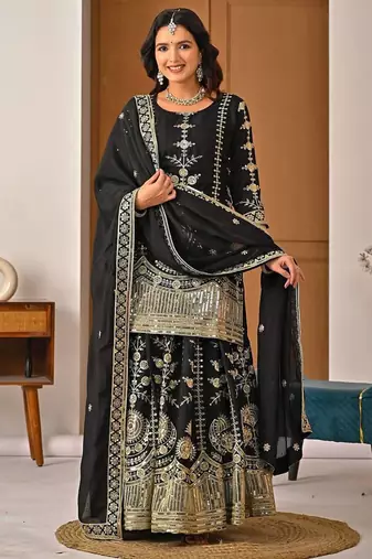 Black sequin And Embroidery Work Silk Blend Salwar Suit