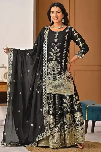 Black sequin And Embroidery Work Silk Blend Salwar Suit