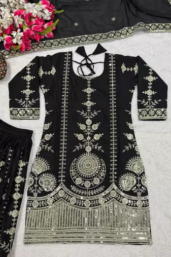 Black sequin And Embroidery Work Silk Blend Salwar Suit