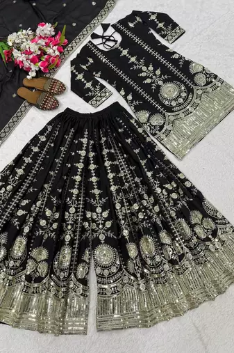 Black sequin And Embroidery Work Silk Blend Salwar Suit