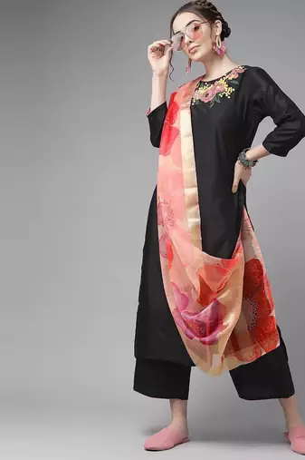 Classic Black And Peach Embroidered Kurta Set