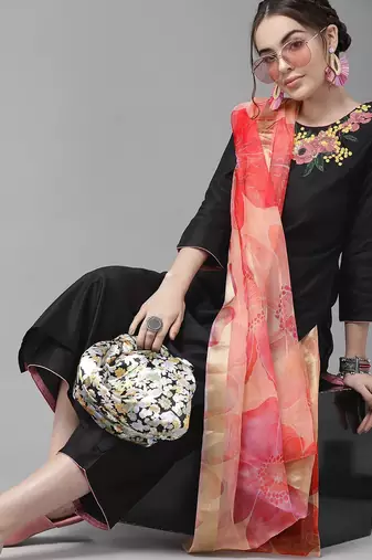 Classic Black And Peach Embroidered Kurta Set