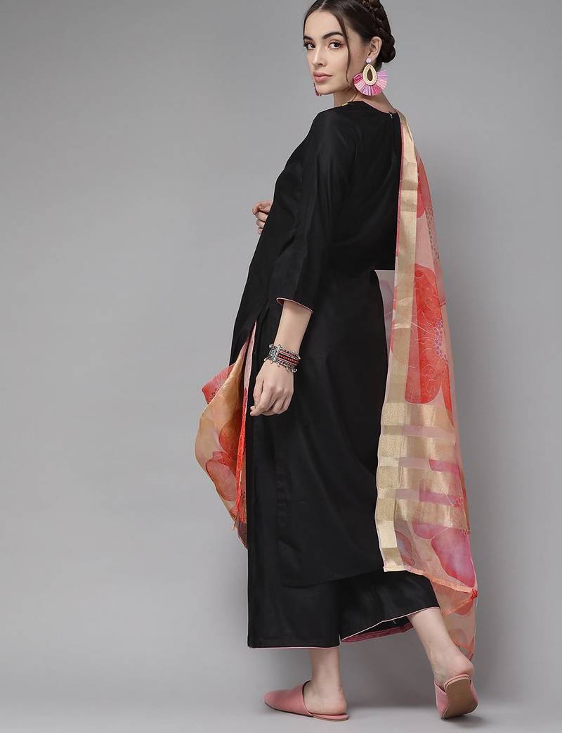 Classic Black And Peach Embroidered Kurta Set