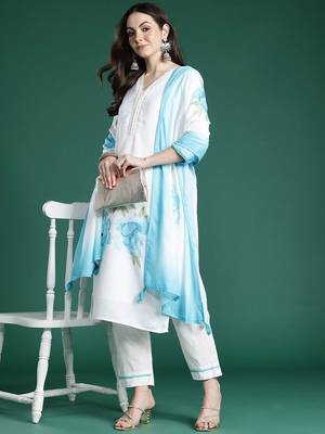 Floral Printed Sequinned Linen Kurta with Trousers & With Dupatta 1