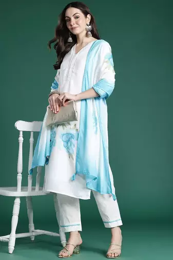 Floral Printed Sequinned Linen Kurta with Trousers & With Dupatta