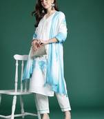 Floral Printed Sequinned Linen Kurta with Trousers & With Dupatta