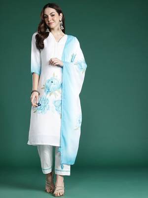 Floral Printed Sequinned Linen Kurta with Trousers & With Dupatta 5