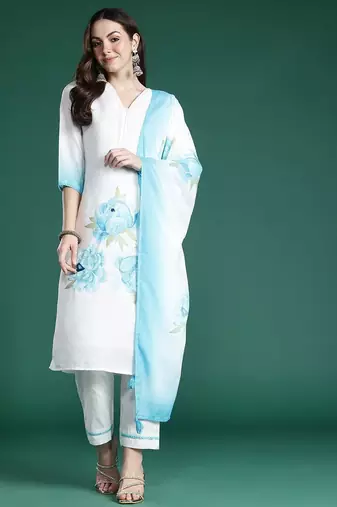 Floral Printed Sequinned Linen Kurta with Trousers & With Dupatta
