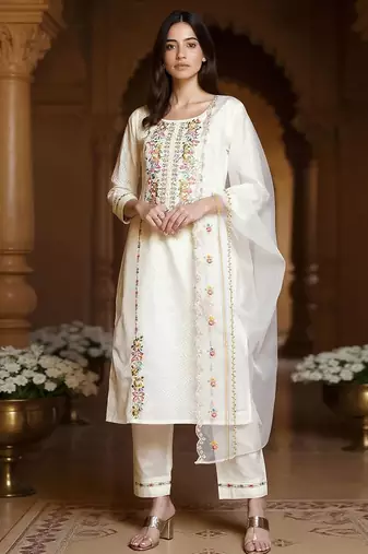 Women Floral Embroidered Regular Thread Work Pure Cotton Kurta with Trousers & With Dupatta