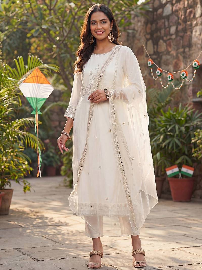 Women Floral Embroidered Regular Kurta with Trousers & With Dupatta
