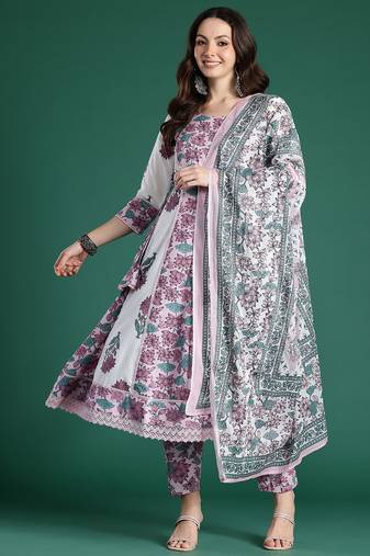Women Floral Printed  Cotton Kurta with Trousers & With Dupatta
