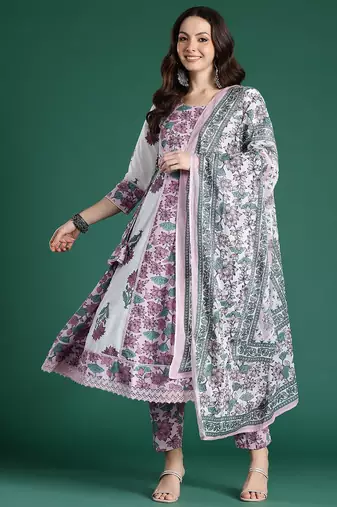 Women Floral Printed Pure Cotton Kurta with Trousers & With Dupatta