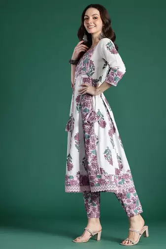 Women Floral Printed Pure Cotton Kurta with Trousers & With Dupatta