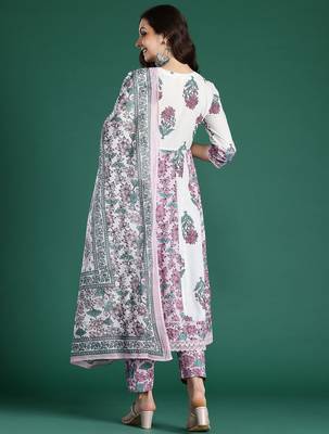 Women Floral Printed  Cotton Kurta with Trousers & With Dupatta 6