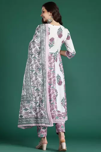 Women Floral Printed Pure Cotton Kurta with Trousers & With Dupatta