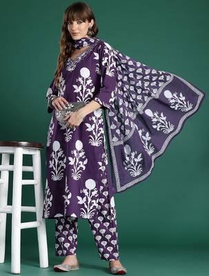 Floral Printed Mirror Work Pure Cotton Kurta with Trousers & With Dupatta 1