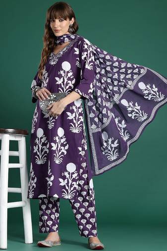 Floral Printed Mirror Work  Cotton Kurta with Trousers & With Dupatta