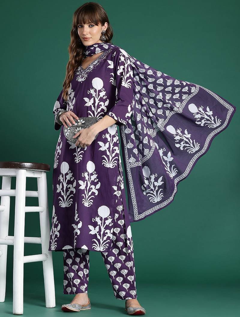 Floral Printed Mirror Work Pure Cotton Kurta with Trousers & With Dupatta