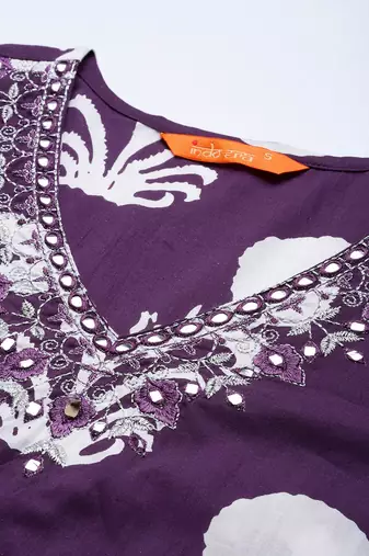 Floral Printed Mirror Work Pure Cotton Kurta with Trousers & With Dupatta