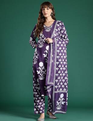 Floral Printed Mirror Work Pure Cotton Kurta with Trousers & With Dupatta 5