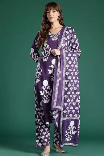Floral Printed Mirror Work Pure Cotton Kurta with Trousers & With Dupatta