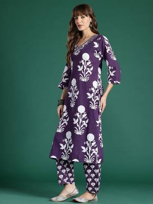 Floral Printed Mirror Work Pure Cotton Kurta with Trousers & With Dupatta 6