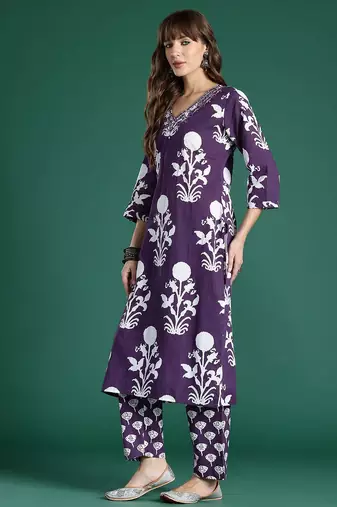 Floral Printed Mirror Work Pure Cotton Kurta with Trousers & With Dupatta