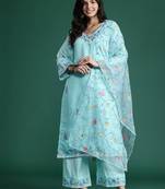 Floral Embroidered Thread Work Kurta with Trousers & With Dupatta