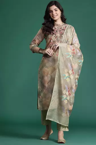 Floral Printed Thread Work Chanderi Silk Kurta with Trousers & With Dupatta