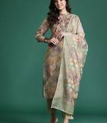 Floral Printed Thread Work Chanderi Silk Kurta with Trousers & With Dupatta