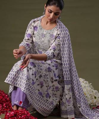 Round Neck Floral Printed Empire Sequinned Cotton Kurta with Trouser & Dupatta 2