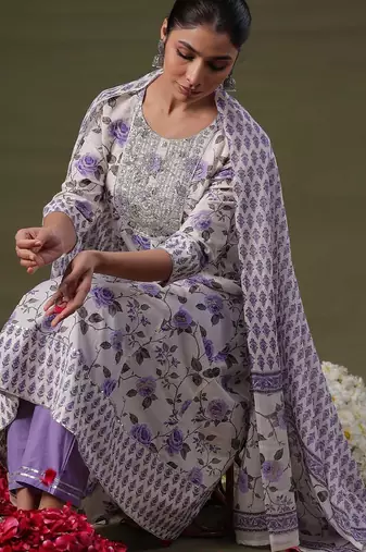 Round Neck Floral Printed Empire Sequinned Cotton Kurta with Trouser & Dupatta