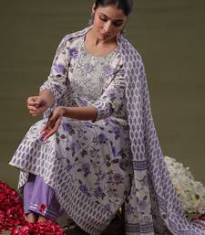 Round Neck Floral Printed Empire Sequinned Cotton Kurta with Trouser & Dupatta