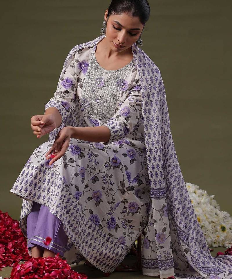 Round Neck Floral Printed Empire Sequinned Cotton Kurta with Trouser & Dupatta