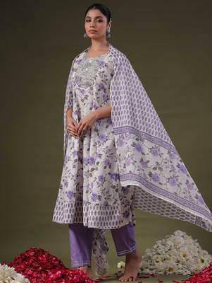 Round Neck Floral Printed Empire Sequinned Cotton Kurta with Trouser & Dupatta 1