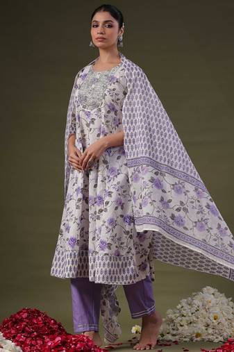 Round Neck Floral Printed Empire Sequinned Cotton Kurta with Trouser & Dupatta